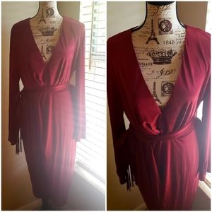 Red wrap dress, long sleeve, deep v-neck, sz XL